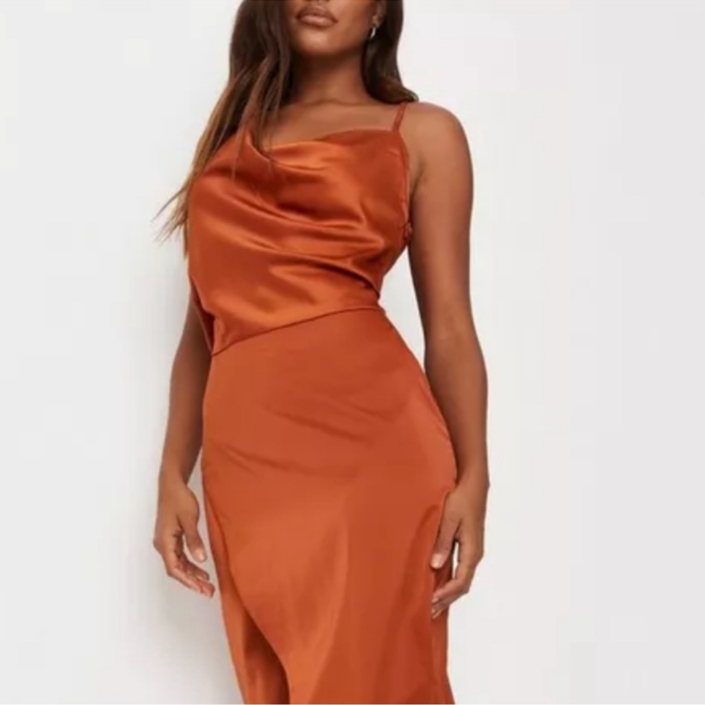 Misguided Rust Satin Dress - Size 0